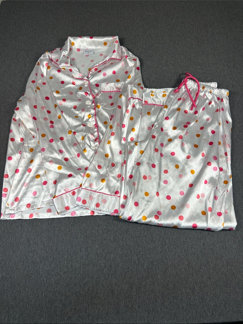 LUXE Satin Bella Sleep & Spa 2-Piece Pajama Set Med/Large* Polka Dot Pink Cute